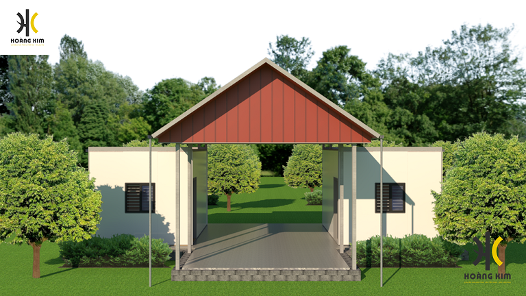Bảng vẽ 3D trực diện nhà ở panel có mái hiện